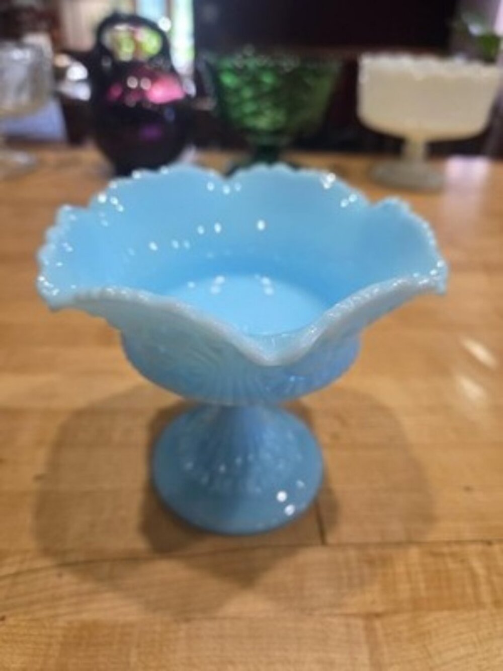Vintage Fenton Blue Milk Glass Pedestal Compote Ruffled Candy Bowl 1960s